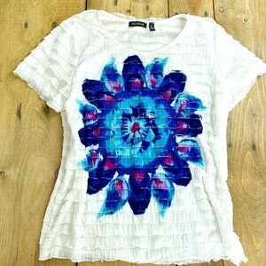 Notations Ruffled Top‎ with Watercolor Flower Tiered XL White Blue USA